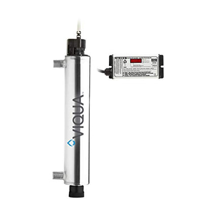 Viqua BA-ICE-CL controller connected to stainless steel UV water disinfection chamber, compatible with VH200 and VH410 systems.
