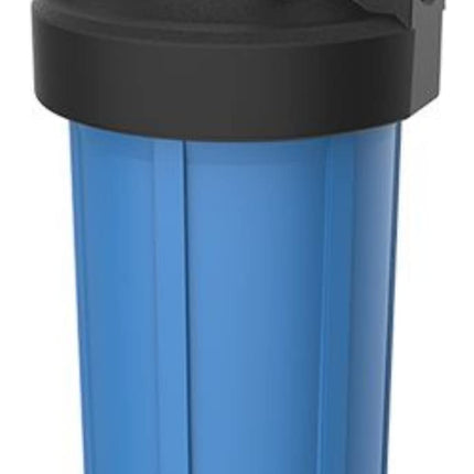Pentair Pentek 150237 Big Blue Filter Housing with 1-inch NPT inlet, 10-inch black/blue body, HFPP cap, and pressure relief button for whole house water filtration.