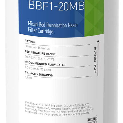 Pentair Pentek BBF1-20MB Big Blue Deionization Water Filter, 20-inch mixed bed cartridge for high-purity water filtration systems.