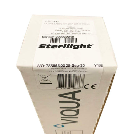 Box packaging of Genuine VIQUA Sterilight QSO-410 Quartz Sleeve for VH410, VH410M, VH410-F20 UV water systems. Includes model and serial details.