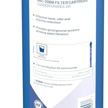 Pentek GAC-20BB water filter cartridge, 20-inch x 4.5-inch Big Blue design with granular activated carbon for whole house filtration systems.