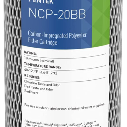 Pentair Pentek NCP-20BB Big Blue Carbon Water Filter, 20-inch pleated cartridge with non-cellulose carbon media for whole house filtration.