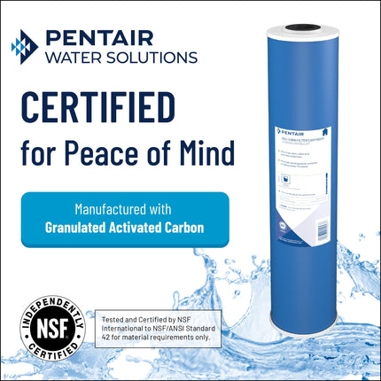 Pentek GAC-20BB water filter certified by NSF, featuring granular activated carbon for reliable whole house water filtration.