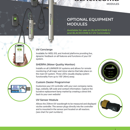 Promotional flyer for Luminor BLACKCOMB modules featuring the RS-B3.5 Intensity Monitor Sensor and other optional UV system accessories.