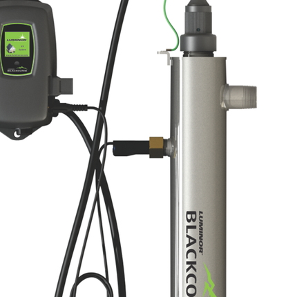 Luminor RS-B3.5 Intensity Monitor Sensor installed on a BLACKCOMB water filtration unit, compatible with RC-B56 controllers for UV monitoring.