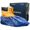 Waterproof shoe covers slipped over work boots next to a shoe cover box