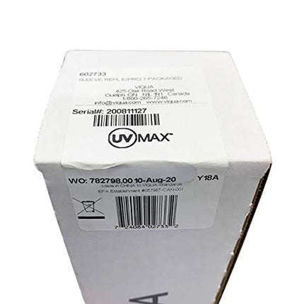 Box label for VIQUA Quartz Sleeve E/Plus UV Systems, showing model 602733 and serial number for genuine water treatment hardware.