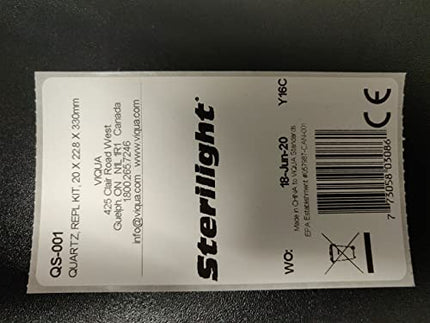 Sterilight label for VIQUA QS-001 Quartz Sleeve UV Replacement Kit, includes product dimensions and manufacturing details. Compatible with VH200 system.