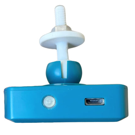 Side view of EZsalt Sensor 3.0 Smart Water Softener Salt Level Sensor highlighting USB charging port and adjustable mounting bolt.