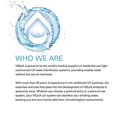 VIQUA company overview describing its leadership in UV water disinfection systems for residential and light commercial use, with over 40 years of experience.