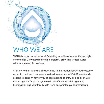 Viqua company overview describing its leadership in UV water disinfection and commitment to chemical-free, safe water solutions for homes.
