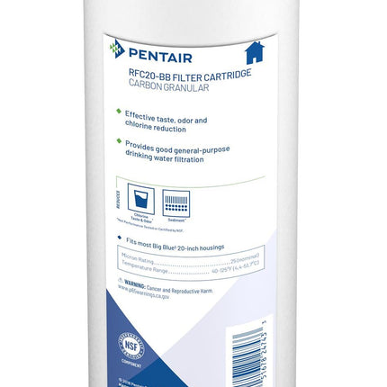 Pentair Pentek RFC-20BB Big Blue 20-inch carbon water filter cartridge with GAC media for whole house filtration, 25 micron rating.