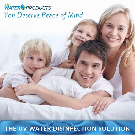 Happy family promoting VIQUA QS-810 Quartz Sleeve for S8Q-PA, SSM-37, emphasizing safe and clean UV water disinfection solutions.