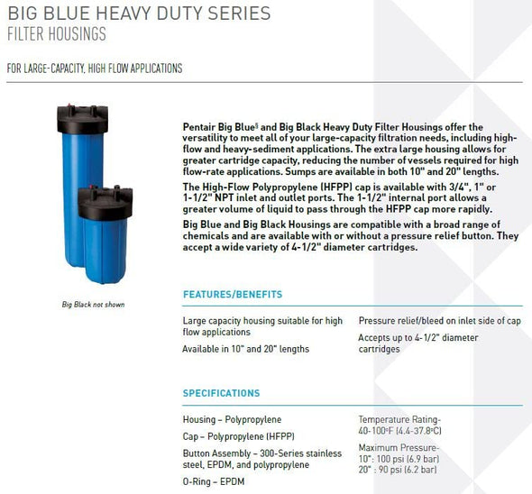 Pentair Pentek 150237 Big Blue Filter Housing, 1" NPT #10 Whole House Heavy Duty Water Filter Housing with High-Flow Polypropylene (HFPP) Cap and Pressure Relief Button, 10-Inch, Black/Blue