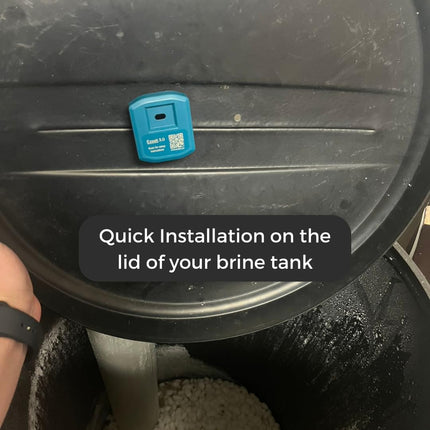 EZsalt Sensor 3.0 Smart Water Softener Salt Level Sensor installed on brine tank lid, demonstrating quick and easy installation process.