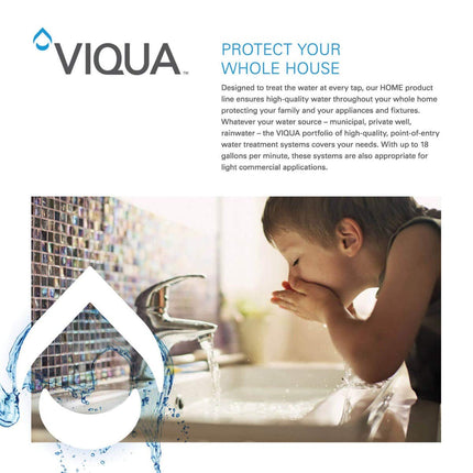 Viqua promotional image showing child washing face, emphasizing whole house UV water treatment for safe, clean water at every tap.