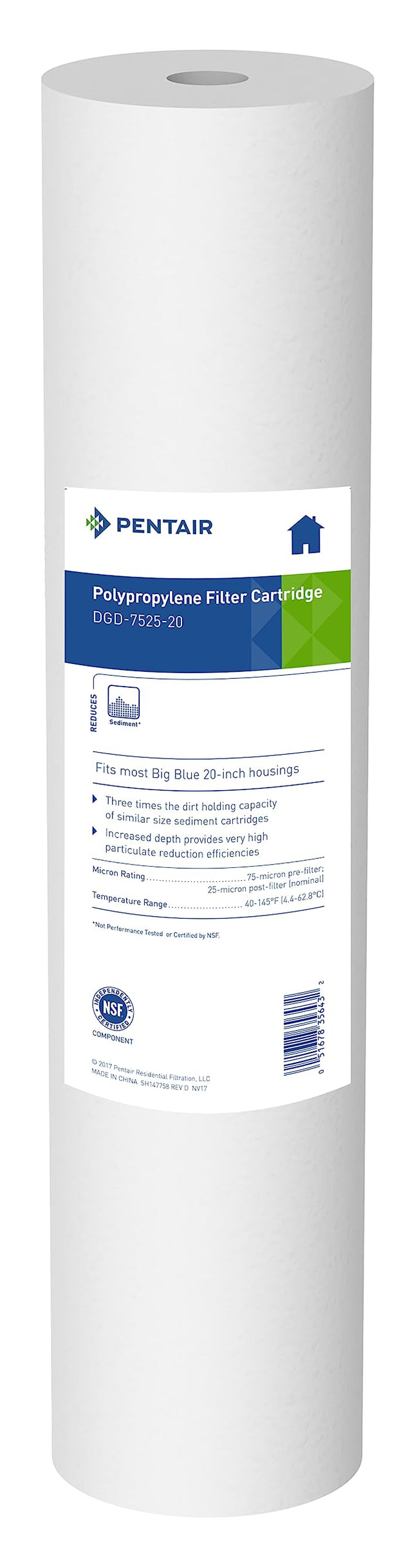 Pentair Pentek DGD-7525-20 Big Blue Water Filter, 20-Inch Whole House Sediment Filter Cartridge Replacement, Dual-Gradient Density Spun Polypropylene, 20" x 4.5", 25 Micron, Pack of 1, White