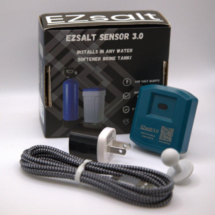 Complete EZsalt Sensor 3.0 Smart Water Softener Salt Level Sensor kit including sensor, USB charger, cable, and retail packaging.