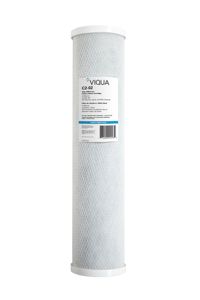 Viqua C2-02 Carbon Block Filter 10-Micron 4.5" x 20" for VIQUA IHS12-D4, IHS22-D4, and IHS22-E4 water systems, vertical front view showing label.