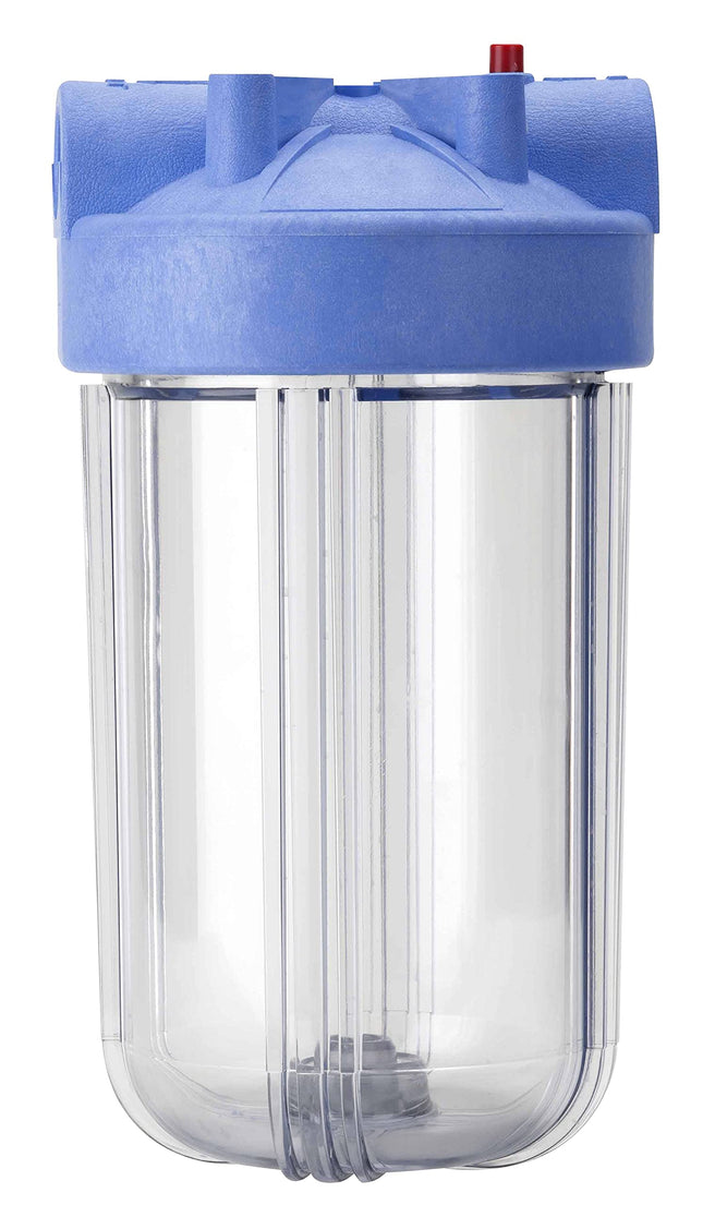 Pentair Pentek 166219 Big Clear Filter Housing with 1-inch NPT inlet, 10-inch transparent sump, and blue cap for whole house water filtration.