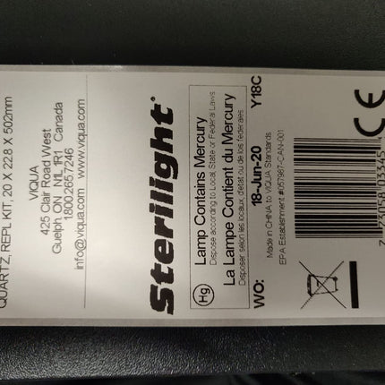 Sterilight label for Viqua QS-463 UV Quartz Sleeve Replacement, indicating mercury content and OEM authenticity for water filtration systems.