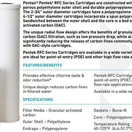 Detailed specs and benefits of Pentair Pentek RFC-20BB Big Blue carbon water filter with radial flow design and GAC filtration.