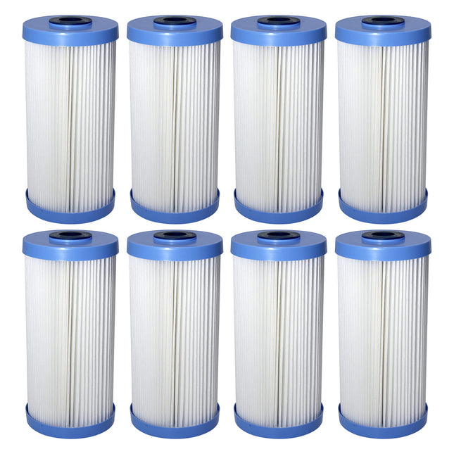Pack of 8 Pentair Pentek R30-BB Big Blue 10-inch pleated polyester sediment water filters, 30 micron, for whole house filtration systems.